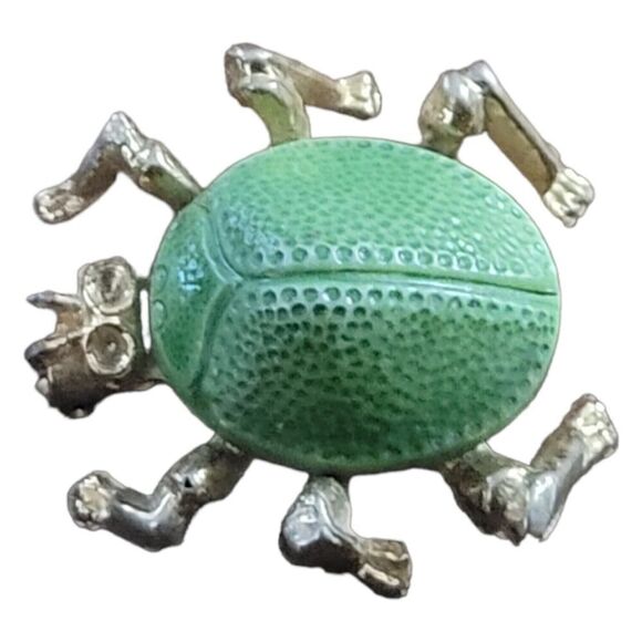 vintage scarab egyptian Green Beetle brooch Pin Gold Tone Metal Celluloid - Picture 3 of 6